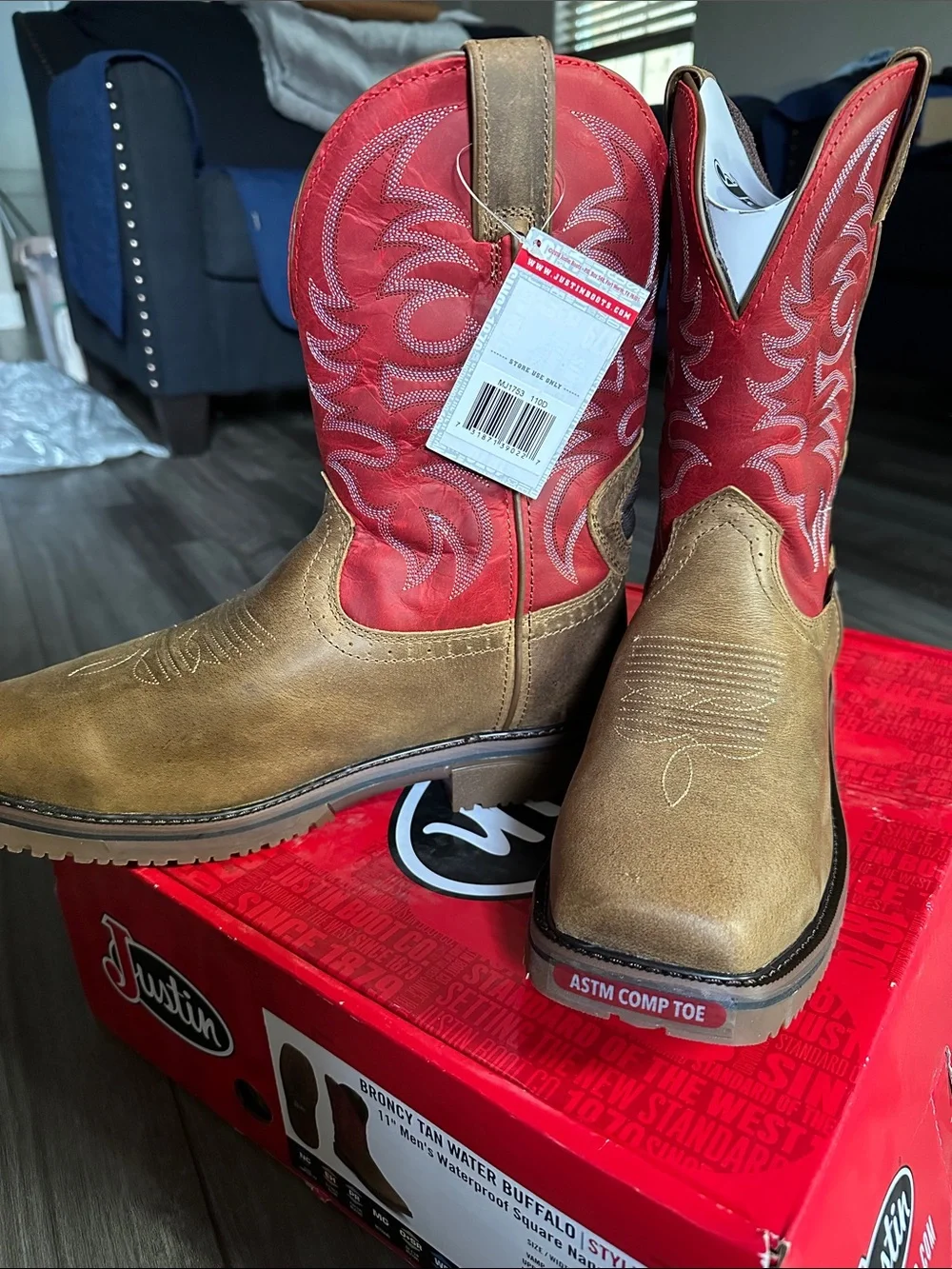 Justin Boots Two-Tone Tan & Red Work Cowboy Boots